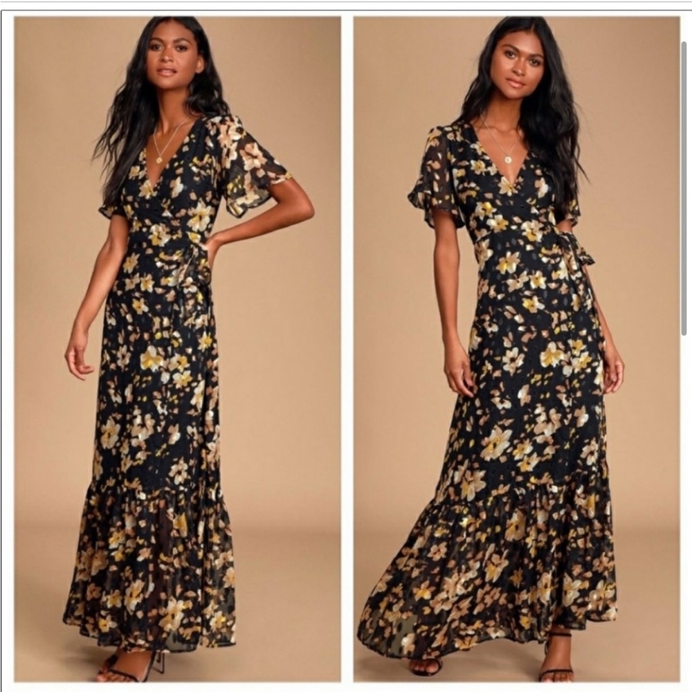LULUS Lean On Me Floral Print Maxi Dress Black Pink Yellow Burnout Extra Small